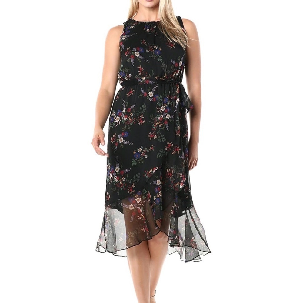 Vince Camuto Womens Sleeveless Ruffled Hem Contry Bouquet Belted Dress Sz 6